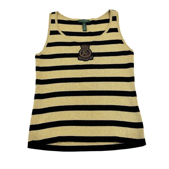 Lauren Ralph Lauren Tank Top Womens Size XL Gold & Black Striped Crested Logo - Picture 1 of 5